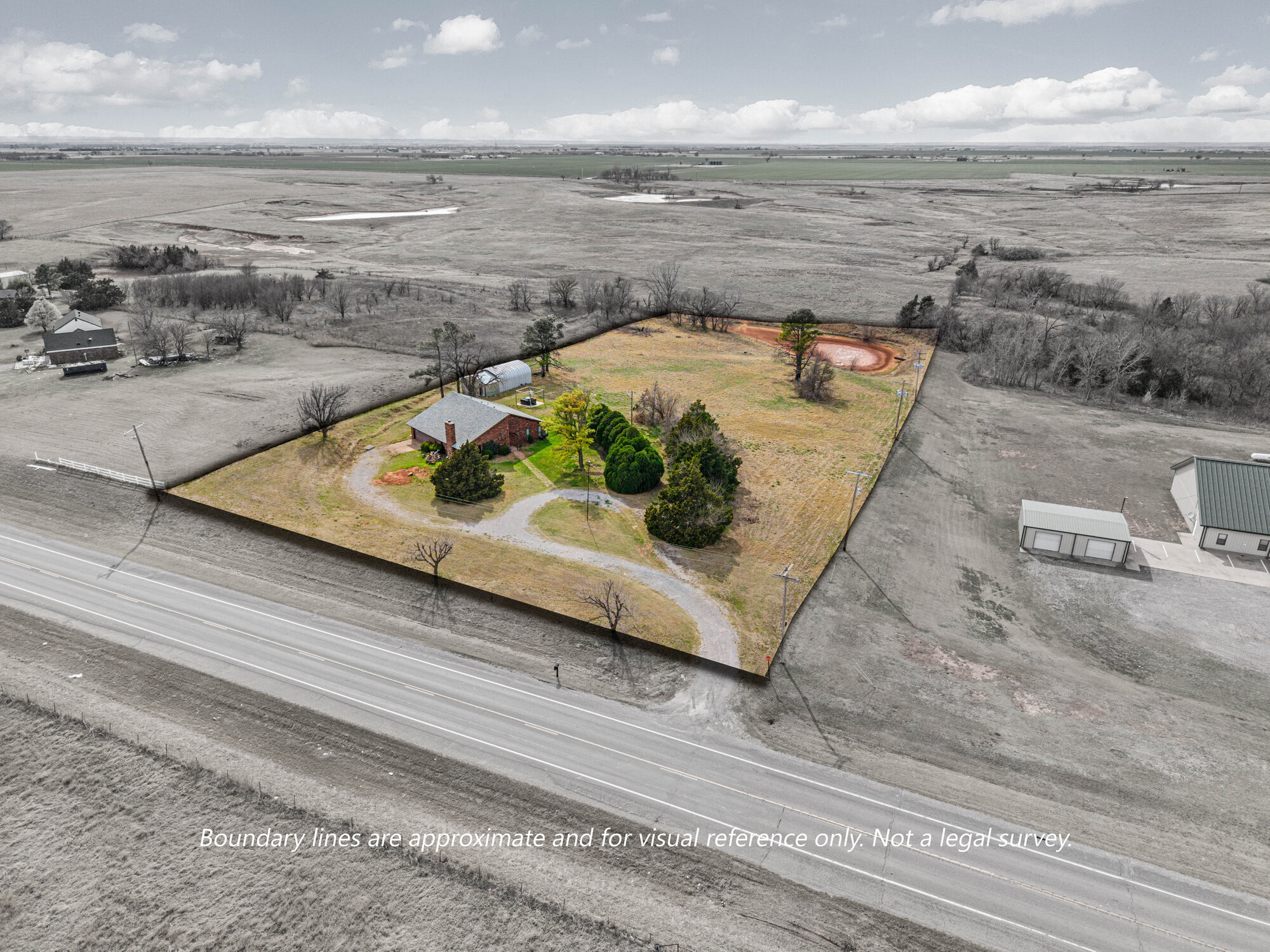 Country acreage in Chickasha — aerial drone shot with property boundary overlay